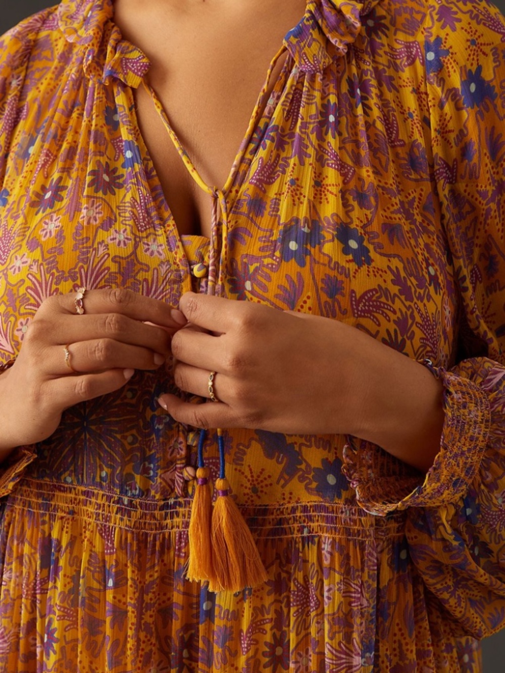 Anthropologie Marias Floral Printed Chiffon Maxi Dress Size L Yellow Purple - Picture 2 of 11